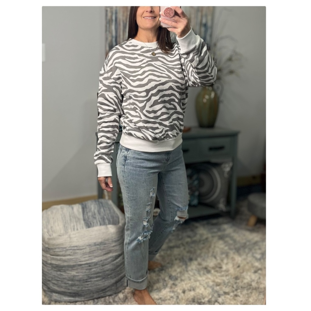 Zebra Sweatshirt White Gray Round Neck Banded Bottom Long Sleeve Animal Pullover - Picture 1 of 8